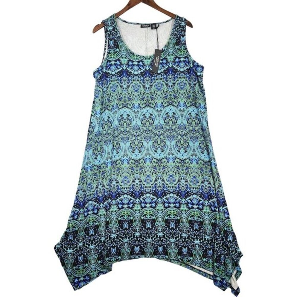 NWT Jones &‎ Co Womens Sleeveless Printed Asymmetrical Dress 1X Rayon/Spandex